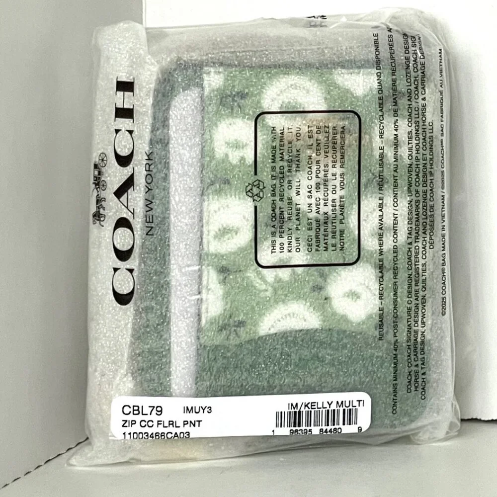 Coach Zip Card Case CBL79 Floral Print Kelly Green Multi Coated Canvas Chain - Picture 3 of 7
